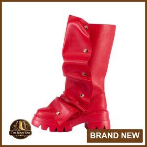 Platform Slouchy Fold Over Boots Mid Calf Block Heel Pull On